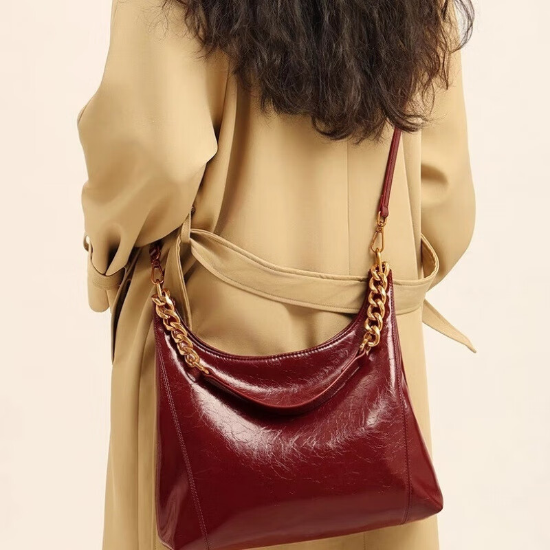 游子吟包包女包腋下包链条包大容量红色结婚包包新娘包托特包女士包 油蜡红-高档款软皮托特包