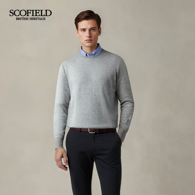 Scofield男装25年秋冬新款绵羊毛圆领简约纯色商务休闲保暖毛衣 灰色 XL (180)