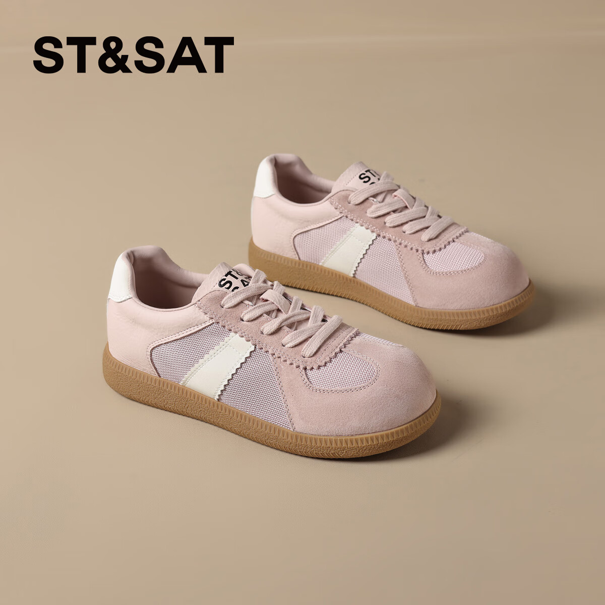 星期六(St&Sat)复古百搭时尚厚底德训鞋2025秋季新款运动跑步鞋休闲女鞋轻奢鞋子 粉红色 35
