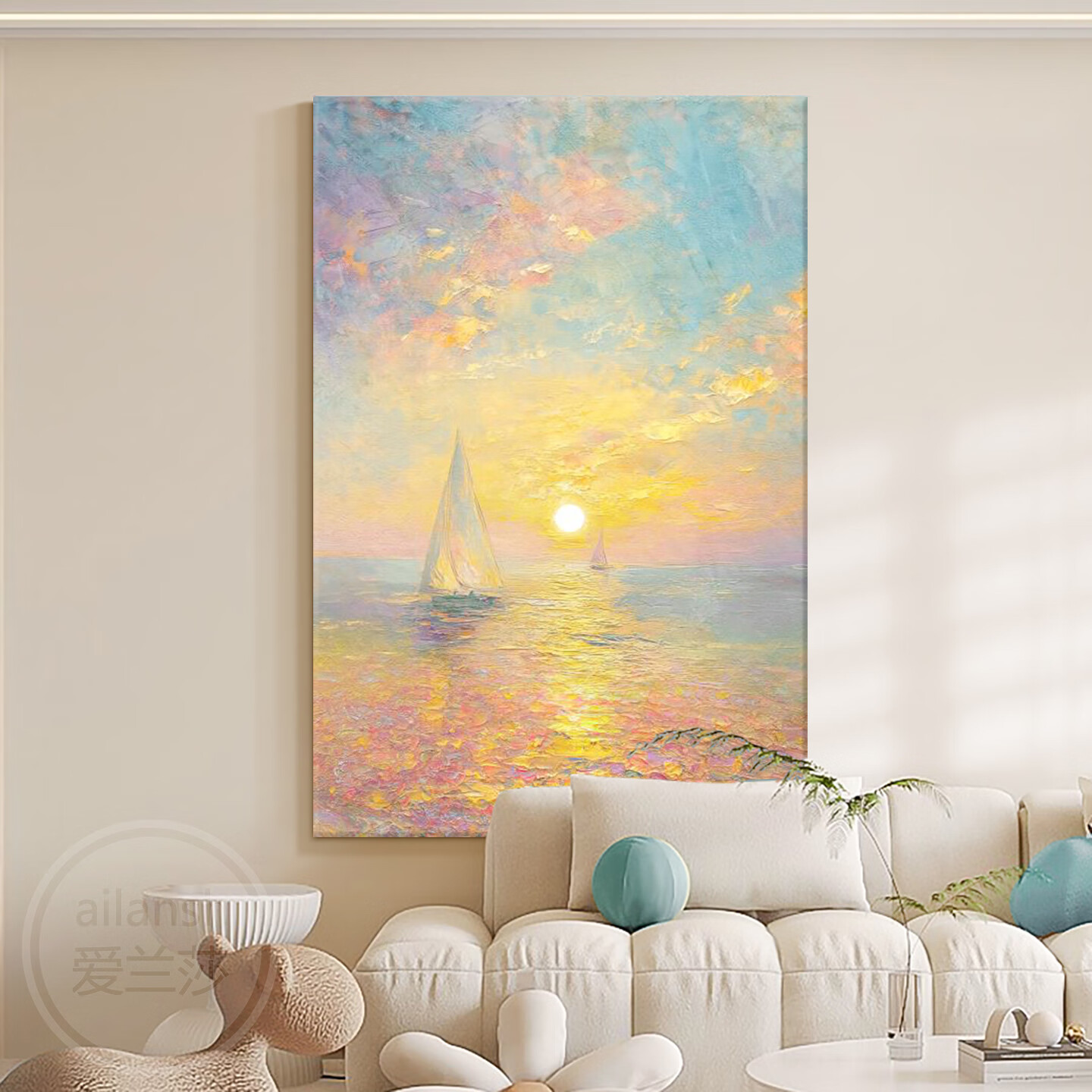 顺吉祥利一帆风顺手绘油画客厅装饰画大芬村油画奶油风海景沙发背景墙挂画 A1685-一帆风顺 50*70cm(单副) 【轻奢金色】35mm加厚铝合金边框 35mm加厚铝合金边框+肌理油画布