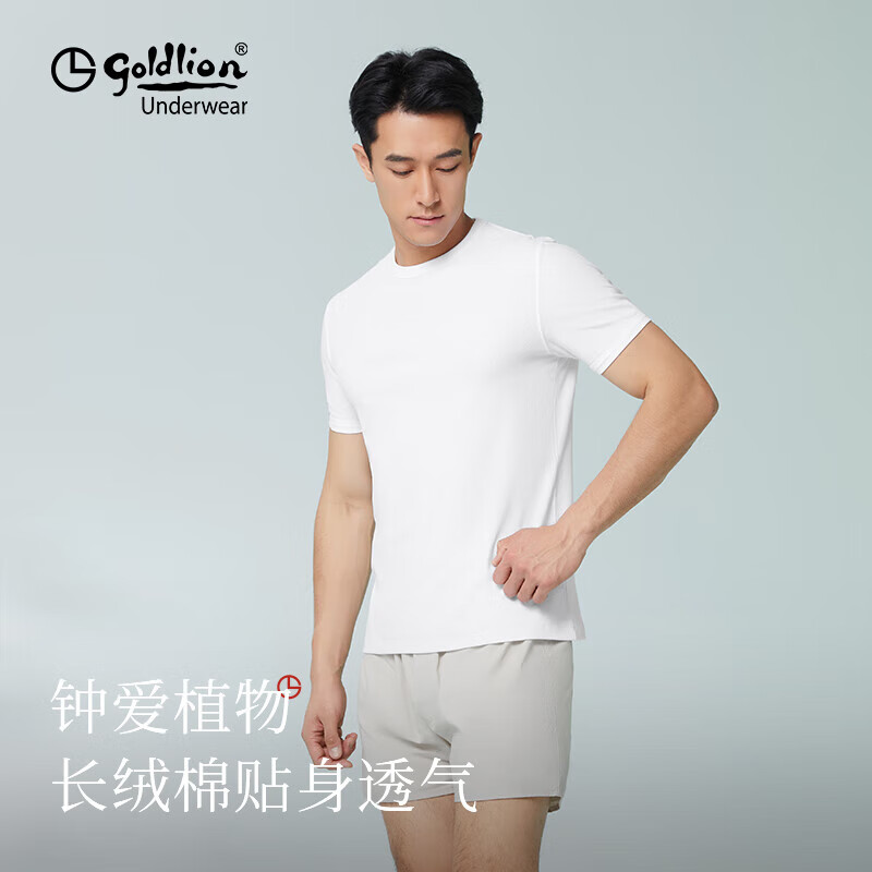 金利来（Goldlion）男士T恤男夏季圆领长绒棉短袖透气吸汗宽松休闲内搭打底衫纯色 月白 L (170) /170