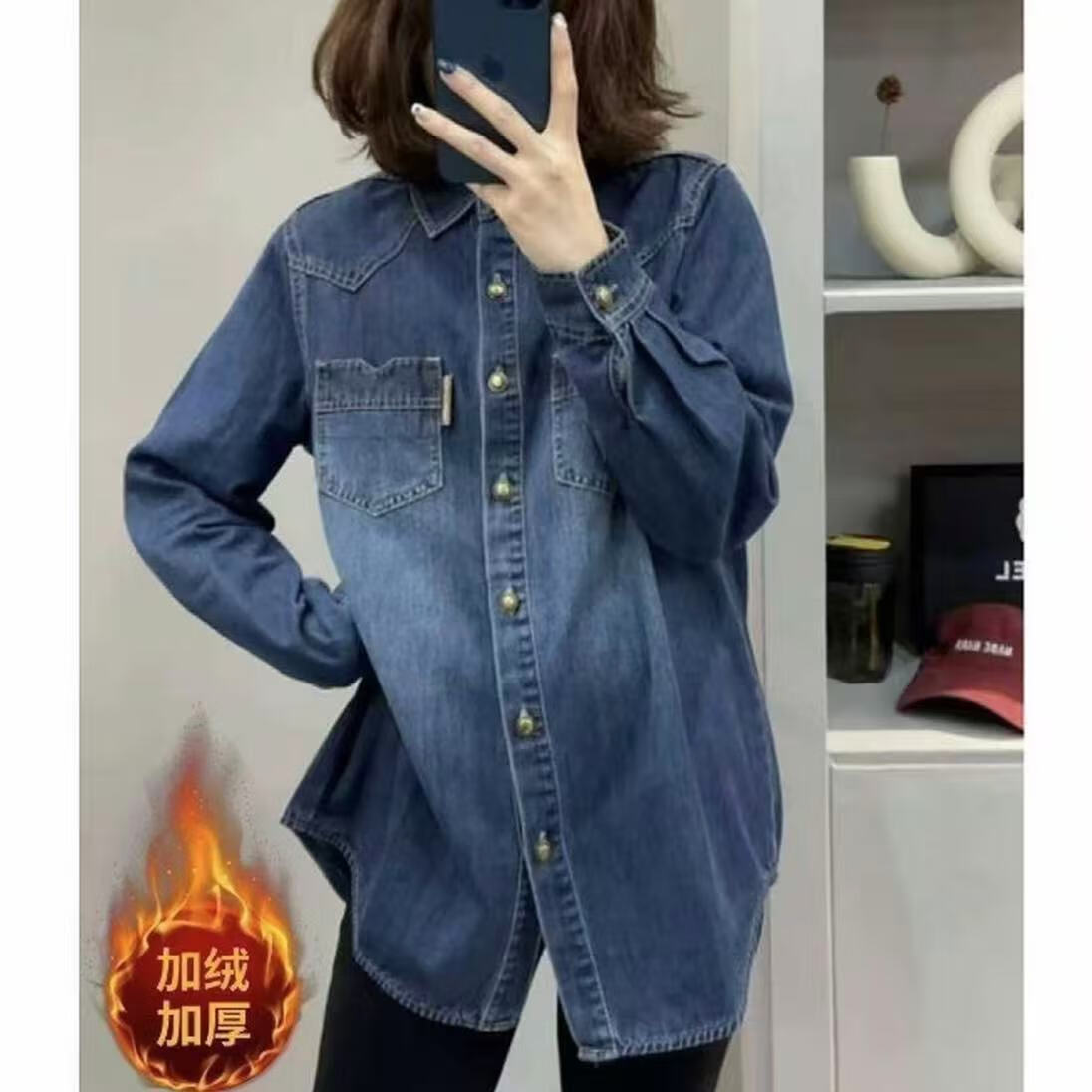 2025新款牛仔衬衫女秋冬新款小个子短款时尚宽松休闲百搭叠穿衬衣 牛仔衬衫【加绒款】 L 【建议115-130斤】