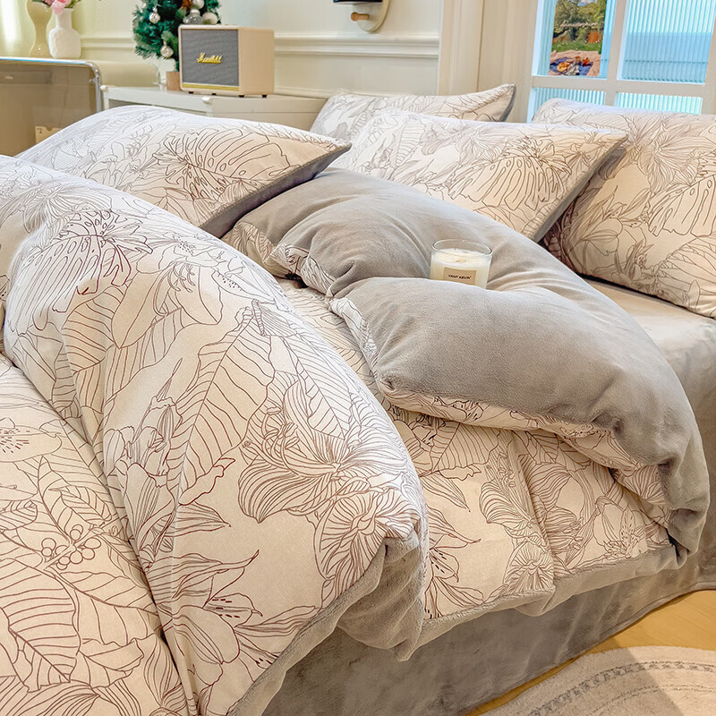 猫人（MiiOW）全棉磨毛牛奶绒床上四件套家用纯棉加厚保暖床单被套罩三件套床品 仲夏【A版纯棉磨毛/B版牛奶绒】 2.0m 床单款 四件套-220*240cm被套