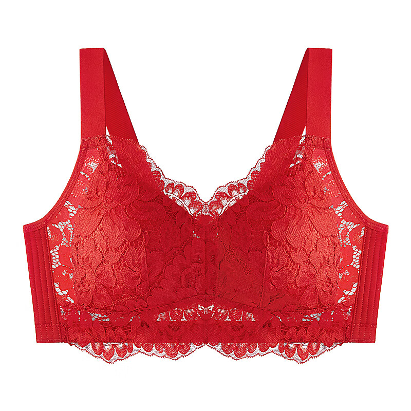 千奈美红色喜庆内衣大胸显小防下垂收副乳无钢圈蕾丝文胸罩 大红色 (幸运红) 80B