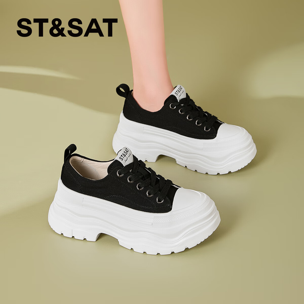 星期六厚底帆布鞋女2025秋季新款增高女鞋松糕底休闲好看老爹鞋子 黑色 35