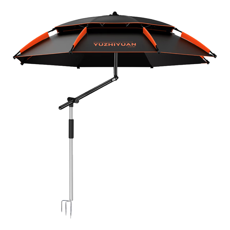 漁之源釣傘2025釣魚傘遮陽傘防雨垂釣加厚多向釣傘漁具傘戶外釣魚雨傘 2.2米 不銹鋼手杖【5檔按壓機械臂】黑橙