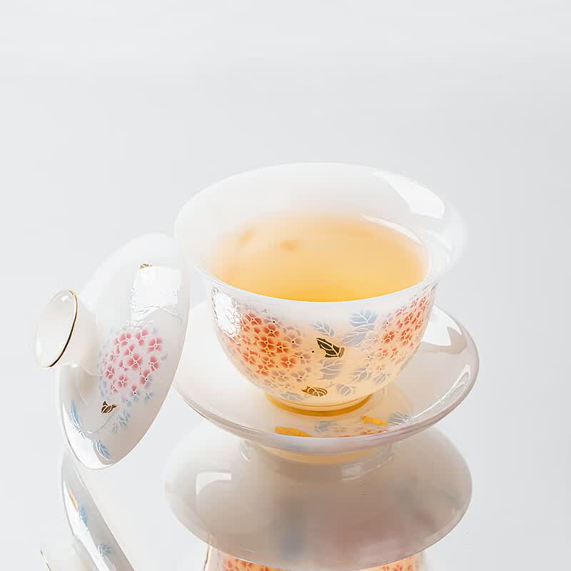 苏氏陶瓷高端冰种玉瓷绣球花盖碗功夫茶具套装节日送礼配马上有钱礼盒装