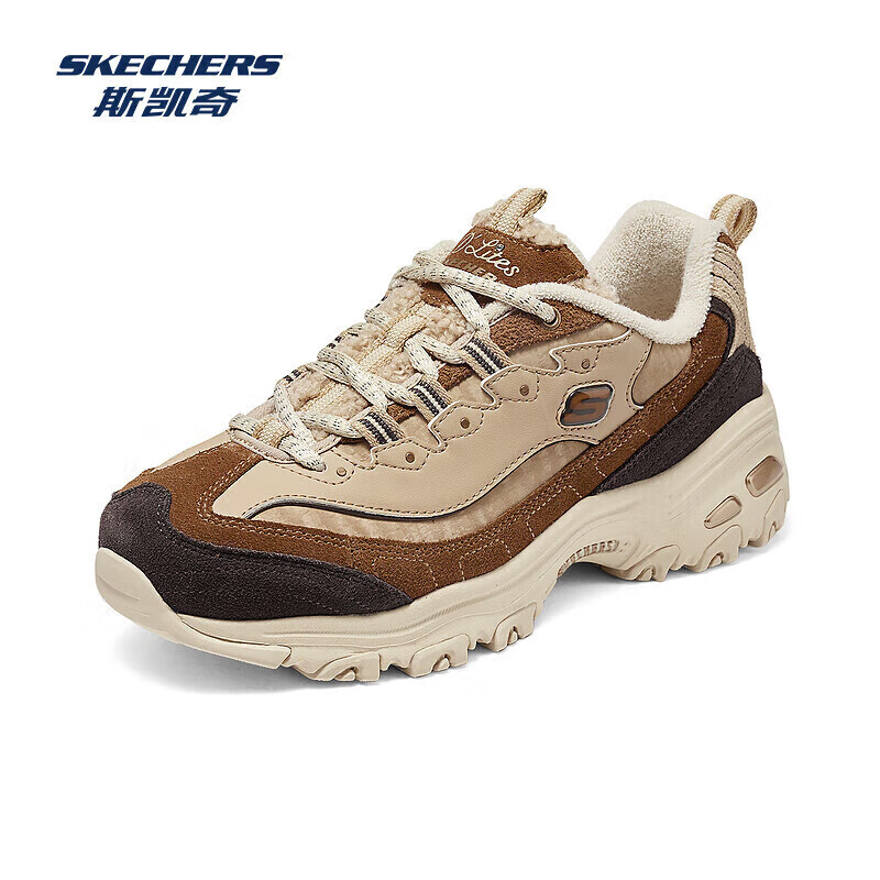 斯凯奇（Skechers）卷毛熊丨2024年秋冬新款女鞋复古加绒保暖厚底增高休闲运动老爹鞋 焦糖板栗/BRMT 37