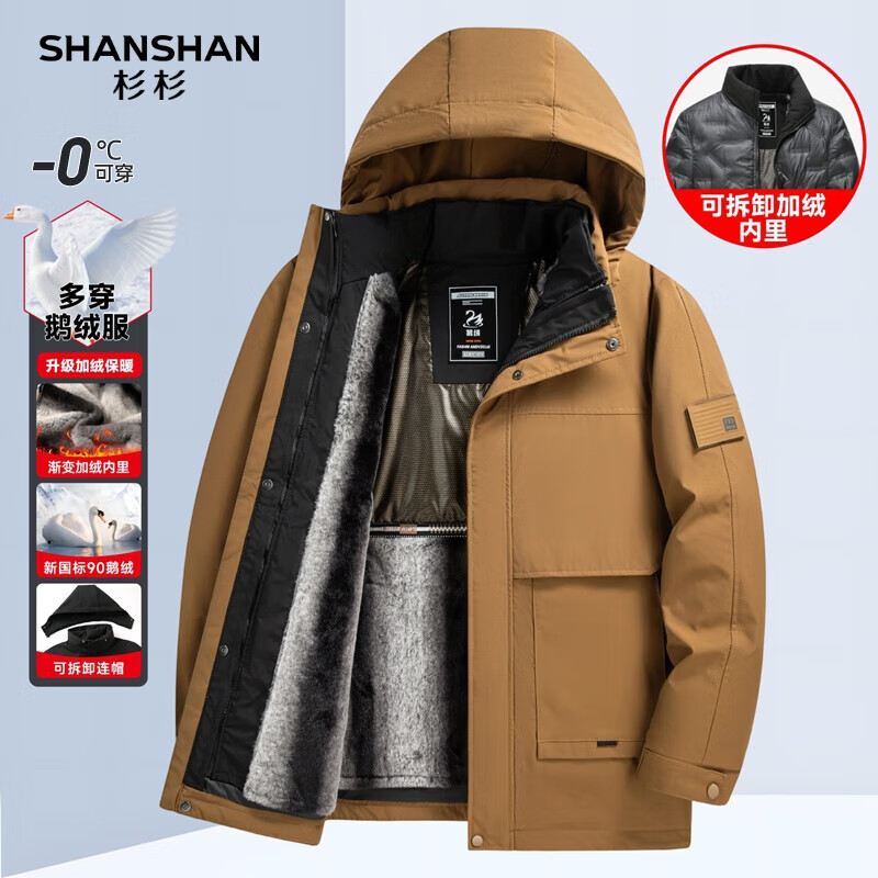 SHANSHAN90鹅绒男2025冬季一衣三穿加厚保暖可拆卸连帽男休闲羽绒外套 咖色 M /170