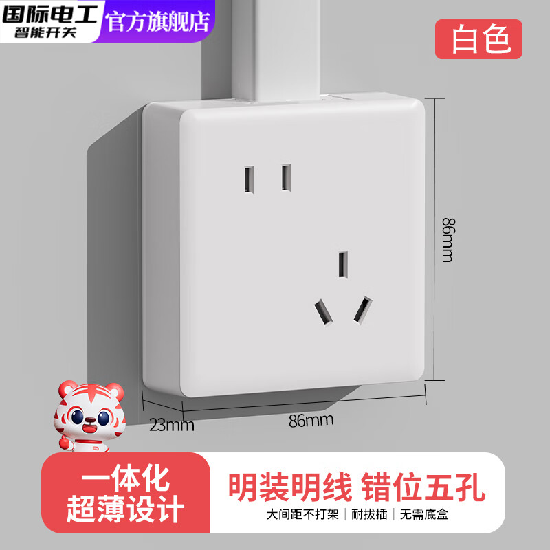 国际电工86型家用明装插座斜五孔插座明线错位5孔空调热水器16A三插面板 白色 10A错位五孔【明装一体式】