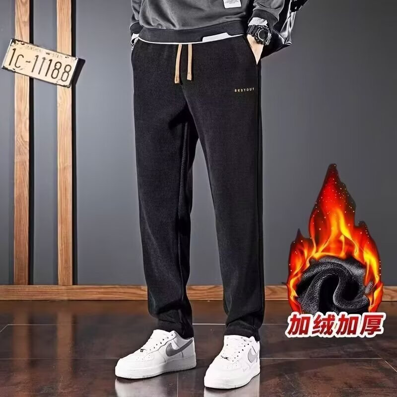 柯诗曼秋冬季加绒加厚男士休闲裤宽松潮流百搭长裤垂感修身男士休闲裤 黑色加绒【刺绣】 XL 推荐115-125斤