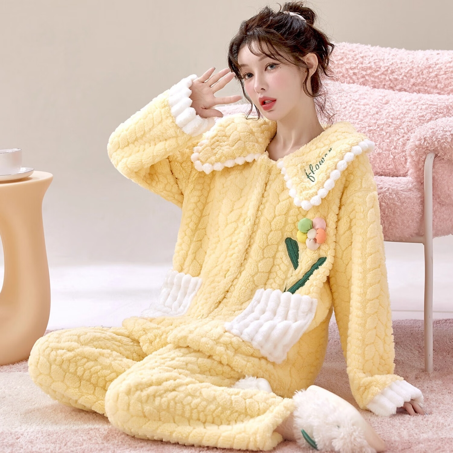 雪中飞珊瑚绒家居服秋冬甜美可爱加绒加厚法兰绒保暖毛绒睡衣套装可外穿 NSJLY-KS188奶酪黄麦穗彩虹花 L 【建议100斤-120斤】