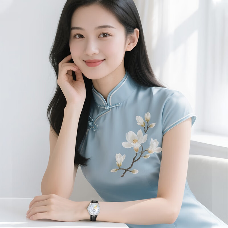 上海（SHANGHAI）牌手表女摩登玉兰系列高端机械表国表镶钻女士手表S2605 粉色贝母盘镶钻女士机械手表 新年礼物