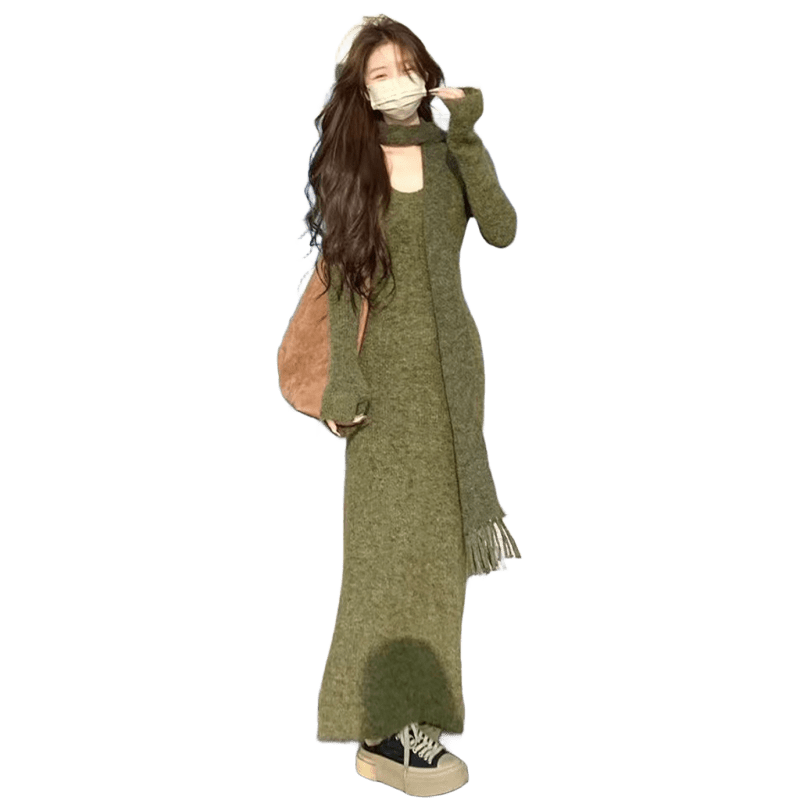 西遇（Westlink）長袖針織連衣裙女2025年冬季新款喇叭袖圍巾收腰修身內(nèi)搭長裙 綠色 L/XL付款15天發(fā)貨 S (155)