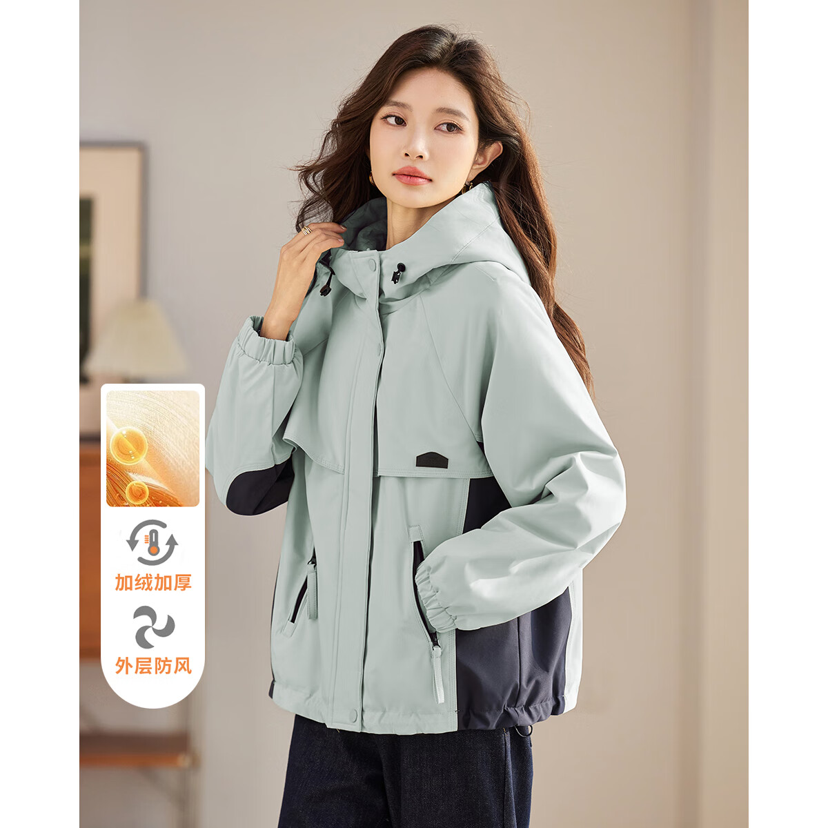 TERRE BLEUE冬季女士棉衣棉服2025新款简约舒适加绒加厚连帽休闲棉袄外套女