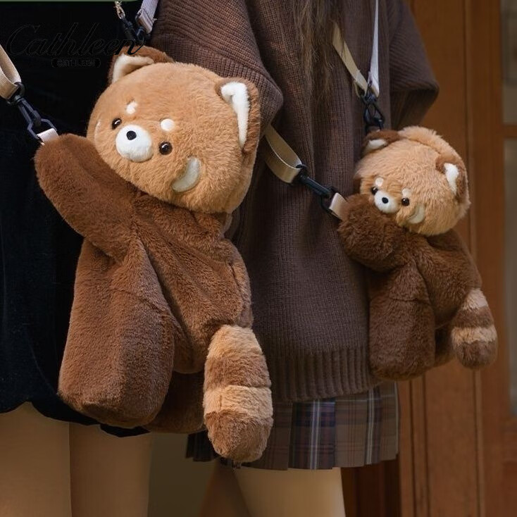 凯思琳 CATHLEEN凯思琳小浣熊趴趴包可爱毛绒包包单双肩背包女玩偶儿童斜挎书包 大号浣熊