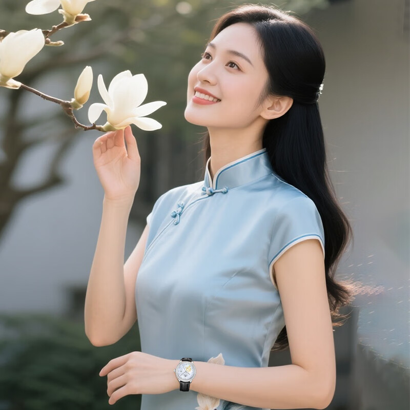 上海（SHANGHAI）牌手表女摩登玉兰系列高端机械表国表镶钻女士手表S2605 粉色贝母盘镶钻女士机械手表 新年礼物