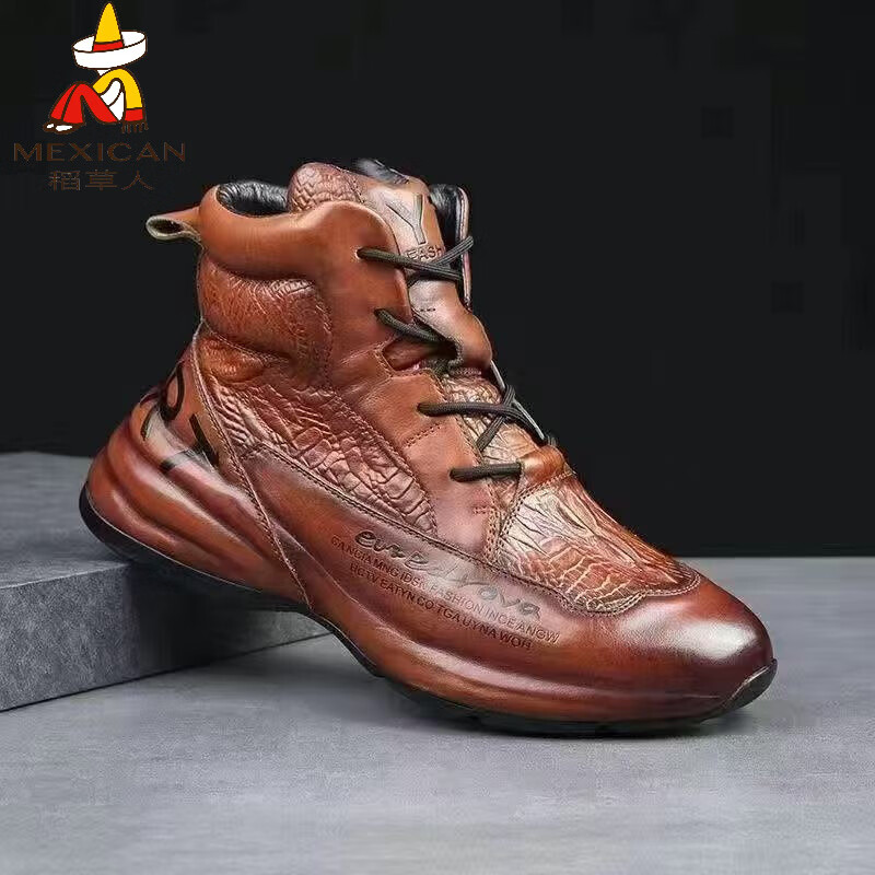 稻草人（MEXICAN）【新款百搭】100%真牛皮欧洲站高帮男休闲真皮厚底老爹鞋皮鞋运动 Y7棕色【时尚潮流】 39