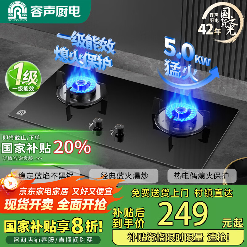 容声【国家补贴20%】燃气灶液化气煤气灶双灶猛火家用5.0KW嵌入式台式灶具一级能效大火力JZY-RLB4Y
