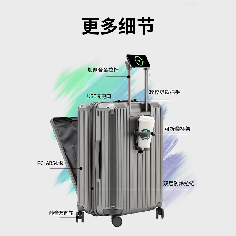 ROYAL ARMY多功能行李箱大容量旅行箱男女学生时尚潮流拉杆箱登机密码锁箱包 白色升级款-手机支架+杯架+挂钩 25英寸 -【需托运】