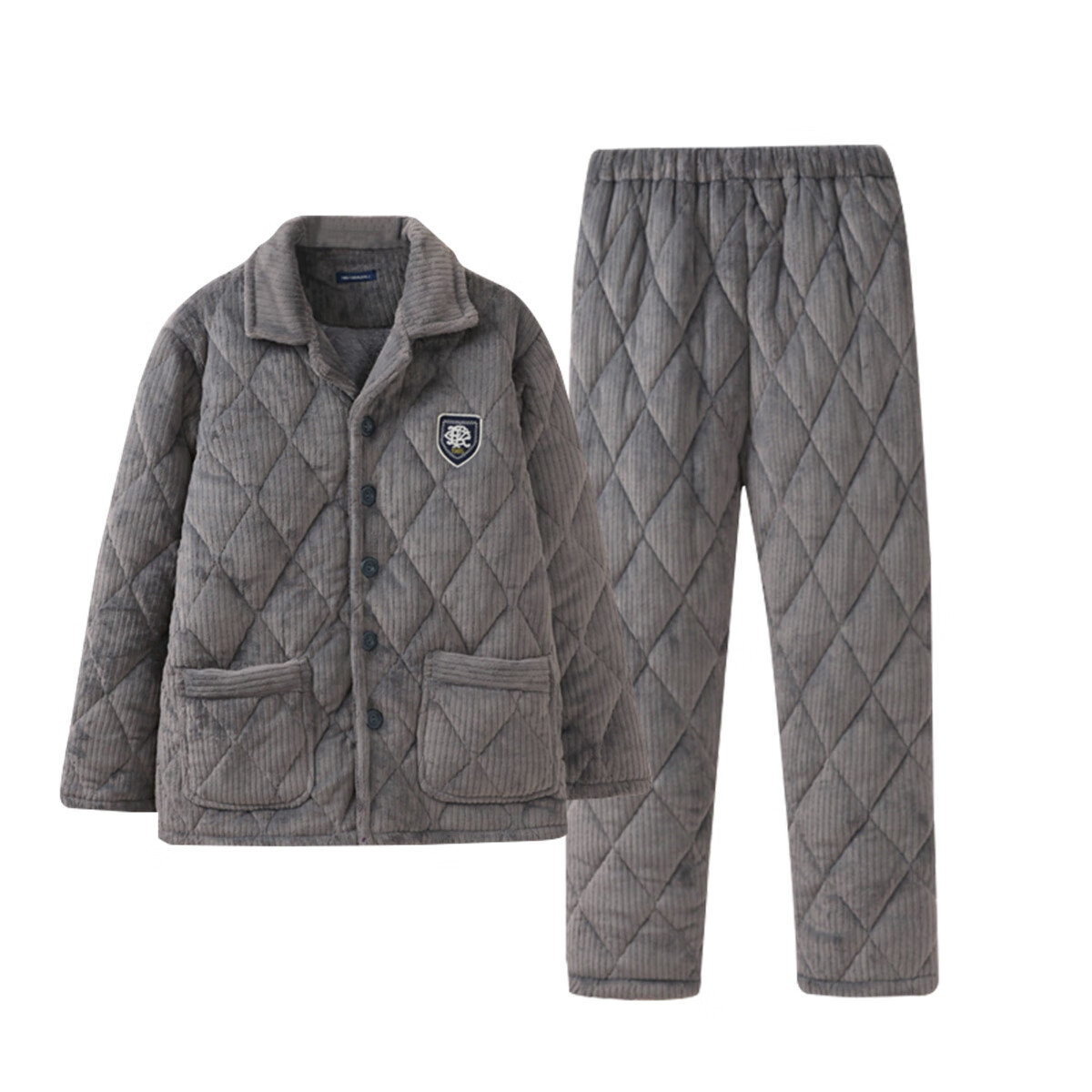 香蜜闺秀【三层夹棉加厚】男士睡衣秋冬新款长袖可外穿保暖男士家居服套装 24424002灰蓝 2XL