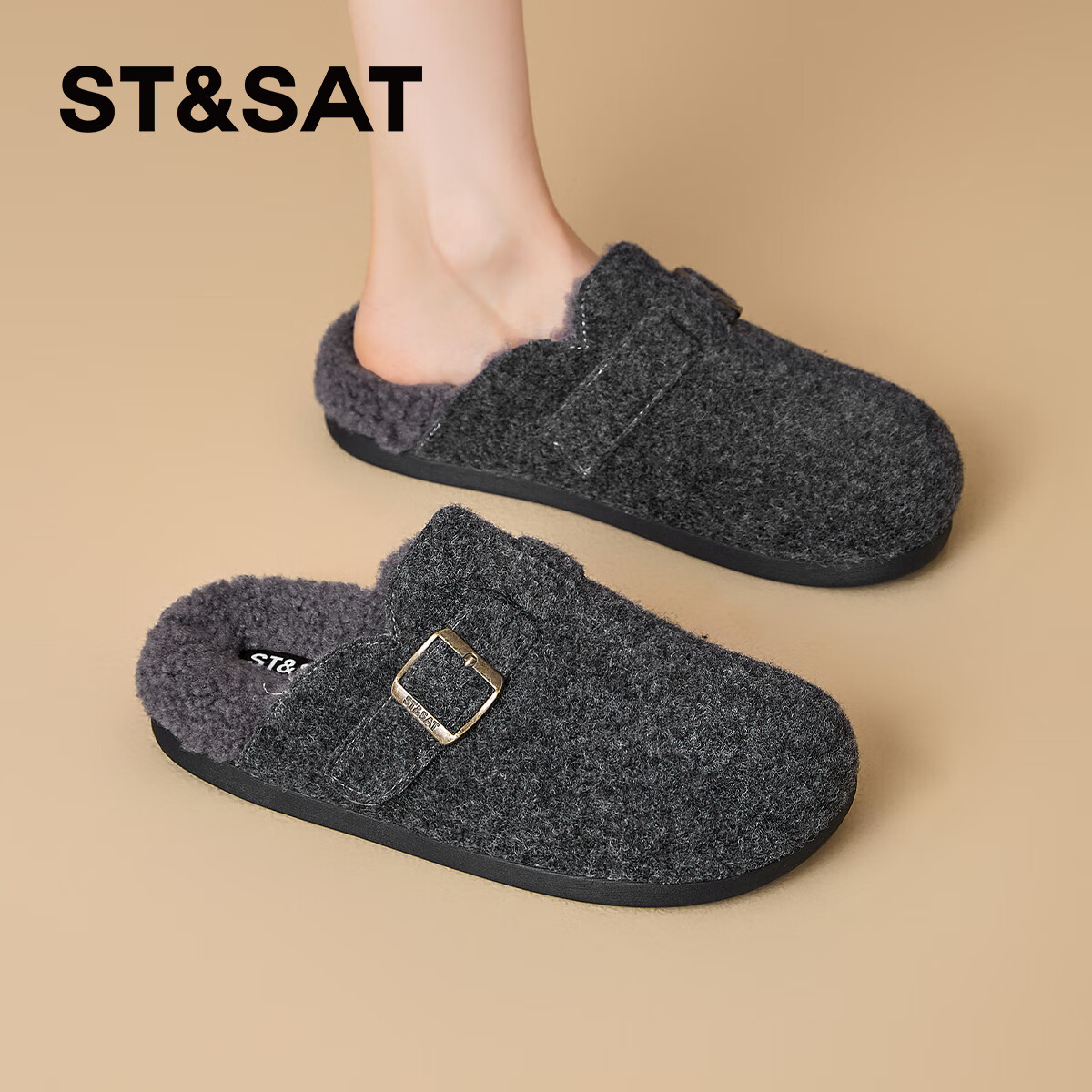 星期六绒面厚底勃肯半拖鞋女2025年秋冬季加绒保暖棉拖一脚蹬懒人穆勒鞋 深灰 【厚底加绒】跟高3cm 38