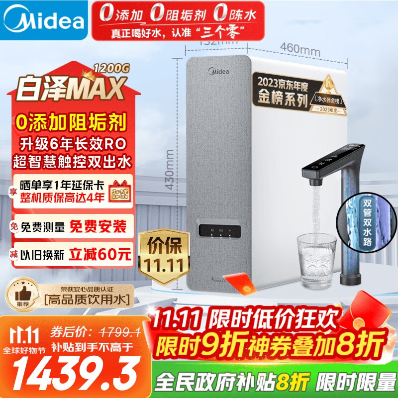 美的（Midea）【白泽Max 1200G】0阻垢剂净水器国家补贴家用 6年RO反渗透厨下式直饮过滤净水机 触控屏双出水