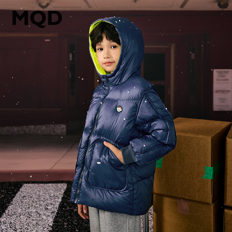 马骑顿男大童冬季新品学院风潮酷休闲保暖连帽羽绒服中长款 藏青 140 充绒量87g
