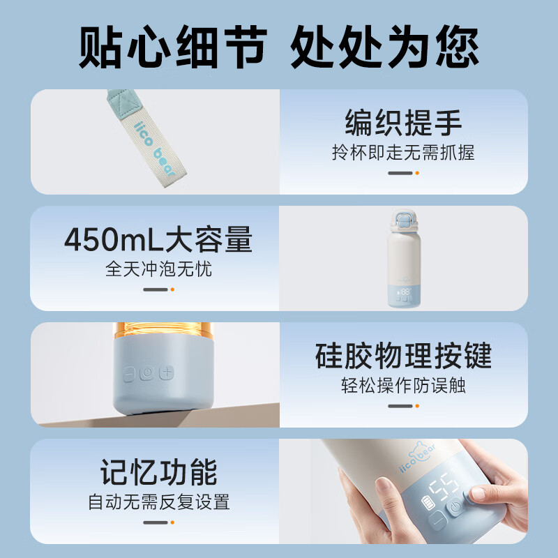 亿可熊（iicobear）恒温壶婴儿外出冲奶无线便携恒温水壶宝宝专用泡奶烧水杯保温杯 450ml 【1.5H闪充/3min速热/内含吸管】