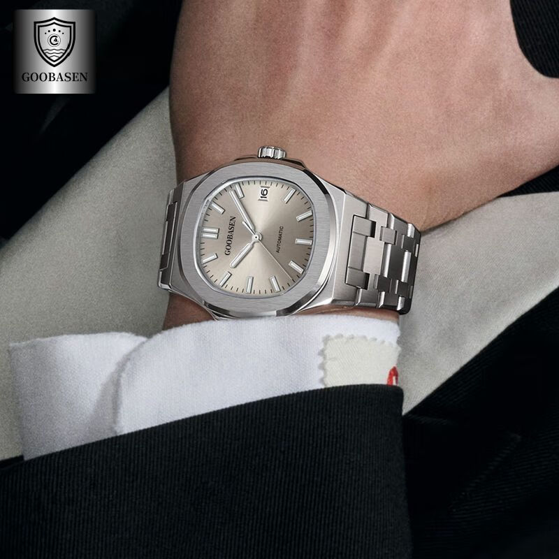 胖东来同款高配版全自动石英机械男士手表2026新款夜光防水时尚 感银灰  原装GOOBASEN(A96)