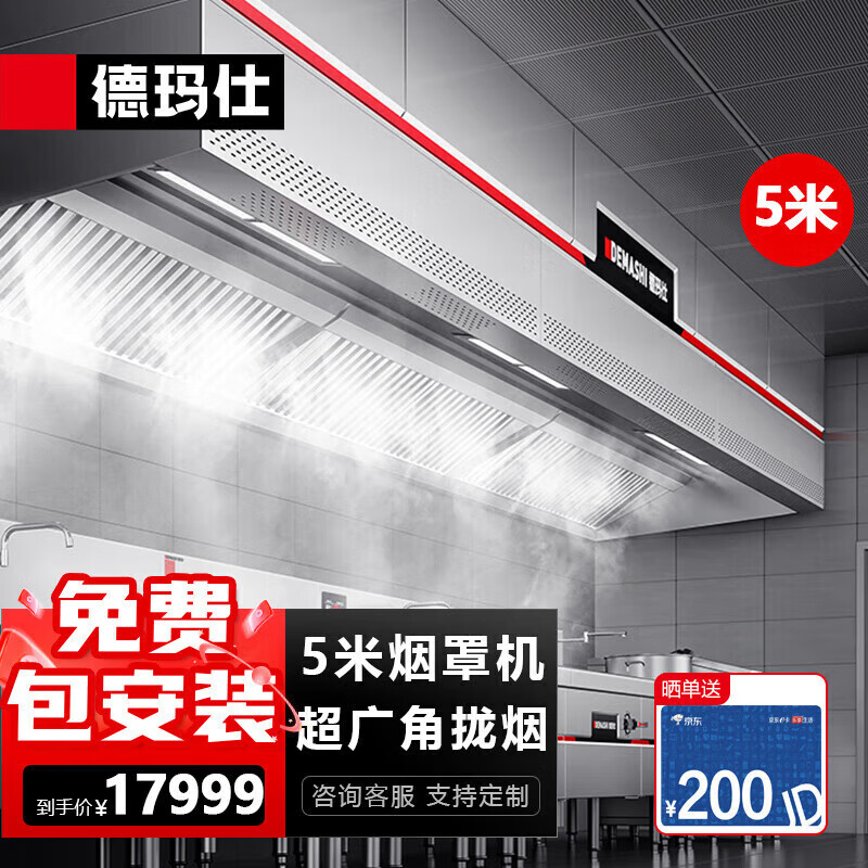 德玛仕（DEMASHI）商用油烟机智能抽油烟机 食堂饭店单位厨房用 油烟排烟净化机大吸力不锈钢吸油烟机 DMS-YZ5000(烟罩)