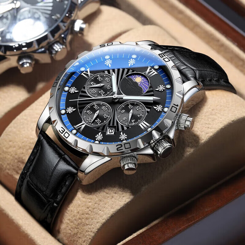 小米部依新款手表男士机械表盘运动瑞士石英表运动机械表盘运动手表夜光户外仪表 银壳蓝圈皮带 静音夜光+运动防水