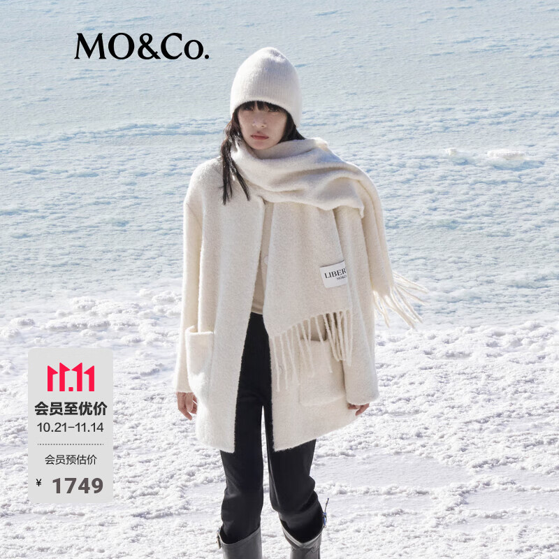 MO&amp;Co.毛呢大衣绵羊毛羊驼毛落肩圈圈纱中长款外套附围巾摩安珂 米白色 M 165
