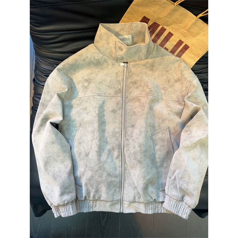 轩森图（XUANSENTU）美式雾面扎染pu皮羊羔绒外套男冬季加绒加厚夹克棉服防风立领棉衣 A102-5Q3050灰色【夹克款】 XL