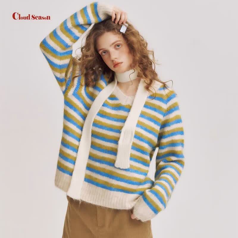 CLOUD SEASON钟欣潼同款阿娇同款撞色毛衣女秋冬高级感套头毛衣女针织衫上衣女 蓝绿条纹 S