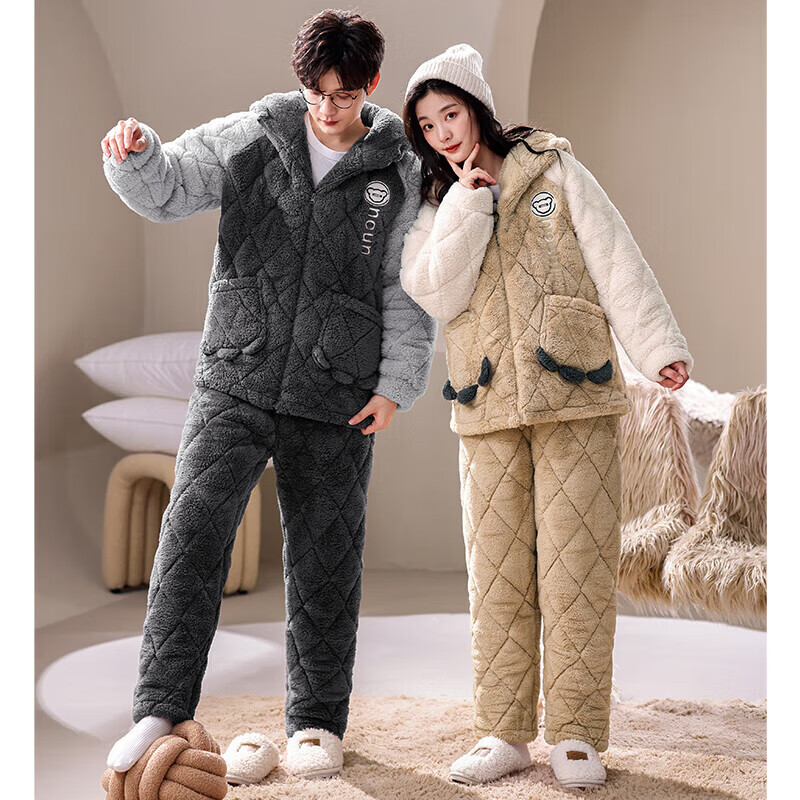 芬腾【清仓】情侣珊瑚绒夹棉睡衣女士冬季三层加厚男抗静电家居服套装 FX25950389深灰【单男款】 2XL 建议:女142-160,男166-185斤