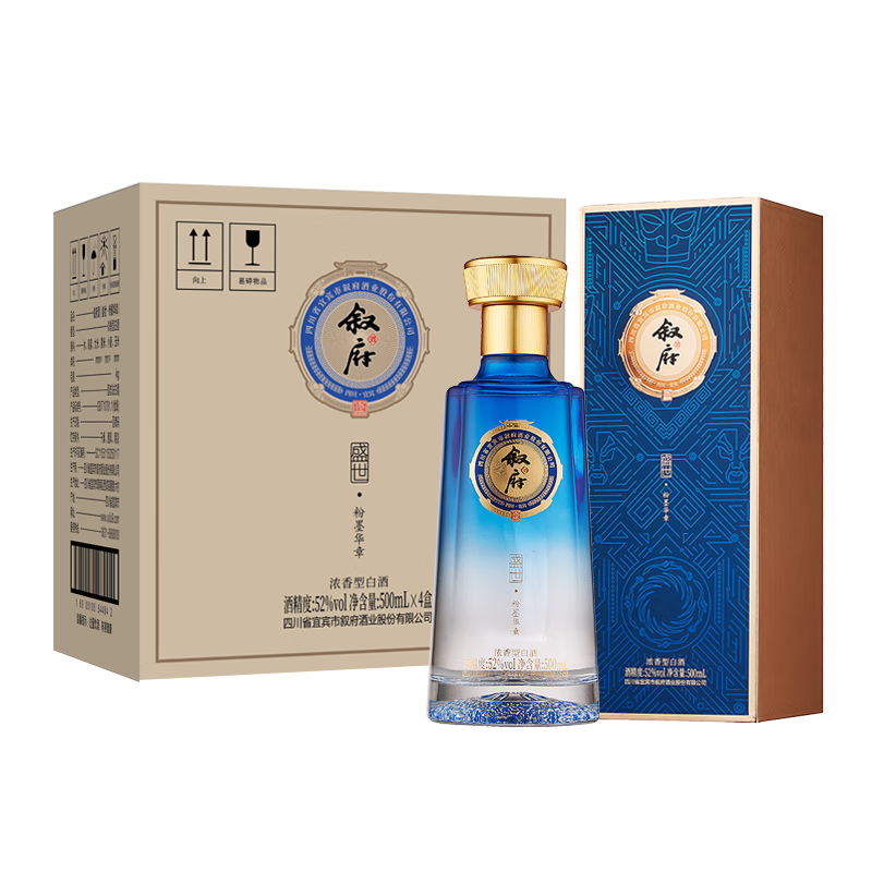 叙府盛世 五粮浓香型白酒 商务宴请接待酒 高端礼盒酒过年送礼长辈 52度 500mL 4盒 整箱装·粉墨华章