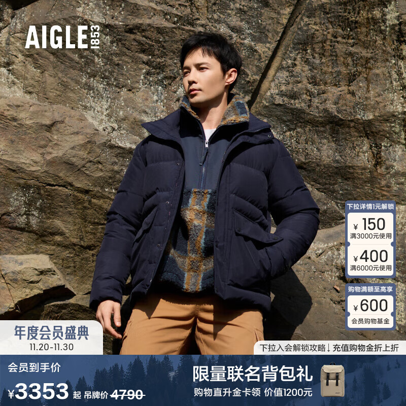 AIGLE艾高羽绒服秋冬款GORE-TEX防风加厚保暖上衣白鹅绒外套男 海军蓝 BE471 M (175/92A) 