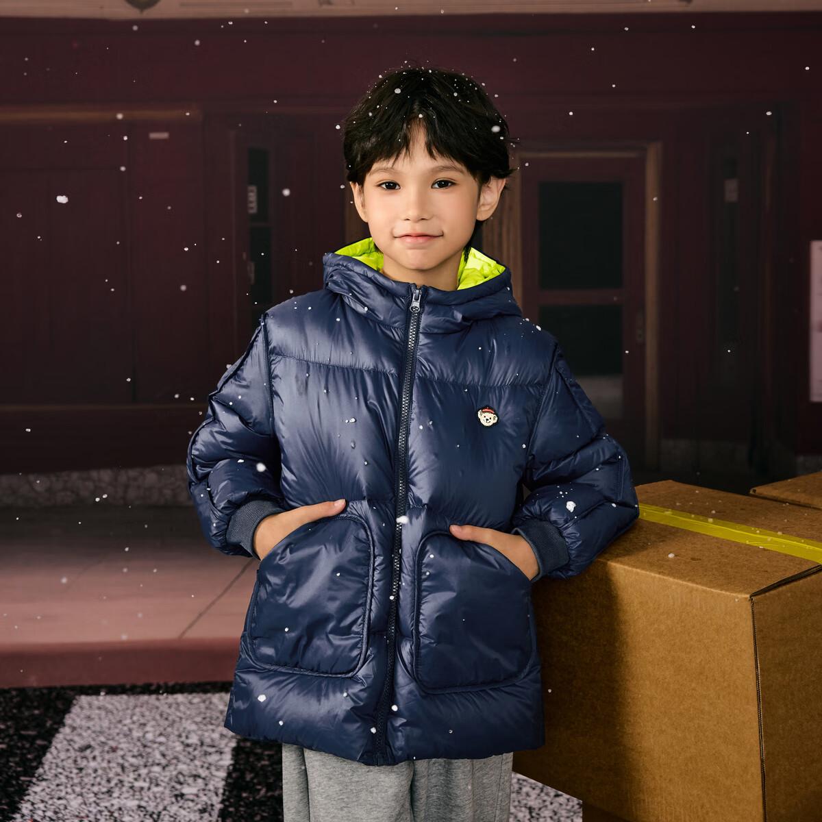 马骑顿男大童冬季新品学院风潮酷休闲保暖连帽羽绒服中长款 藏青 140 充绒量87g