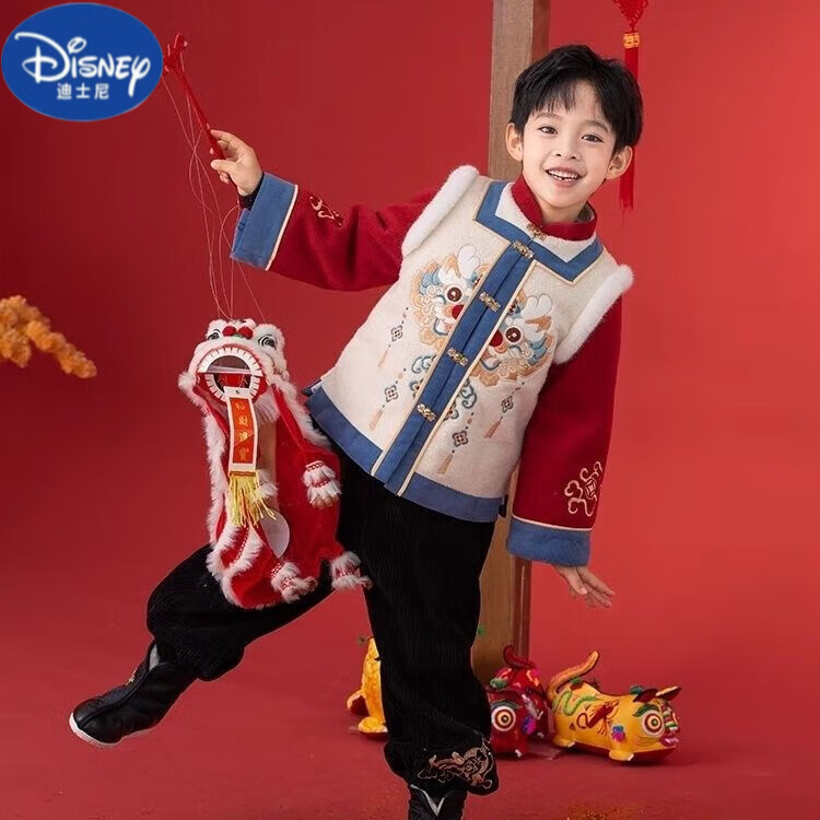 迪士尼漢服男童拜年兒童中國(guó)唐裝新款寶寶衣服周歲喜慶禮服過年加厚套裝 祥龍?zhí)酱褐毓ご汤C拜年服 80