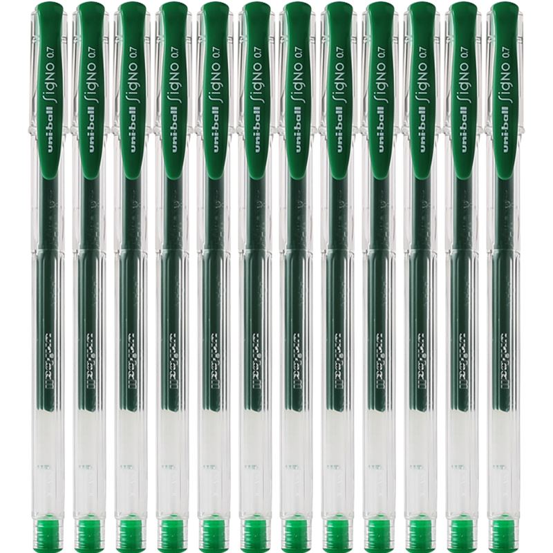 三菱（Uni）UM-100彩色中性笔签字笔 0.7mm学生办公防漏墨啫喱笔考试笔 绿色 12支/盒