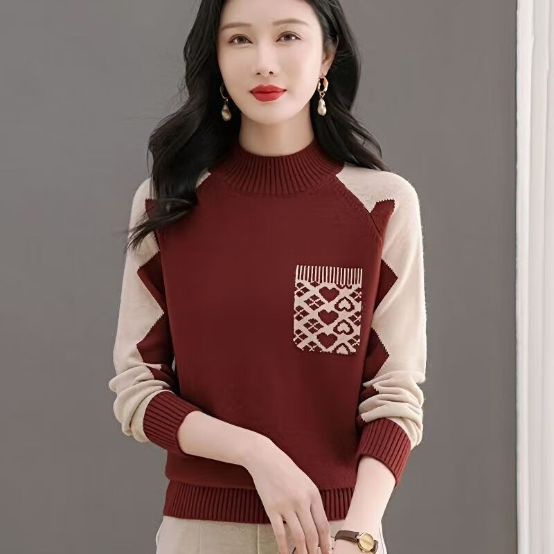【热卖爆款】半高领毛衣秋冬加厚提花针毛衫大码软糯打底针织衫 安可拉红 均码 【建议90-150斤】