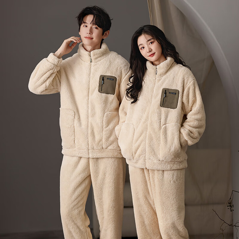 猫人【立领拉链可外穿】男士睡衣男冬季情侣睡衣羊羔绒家居服2025新品 米杏色 女款 M 【建议体重80-100斤】