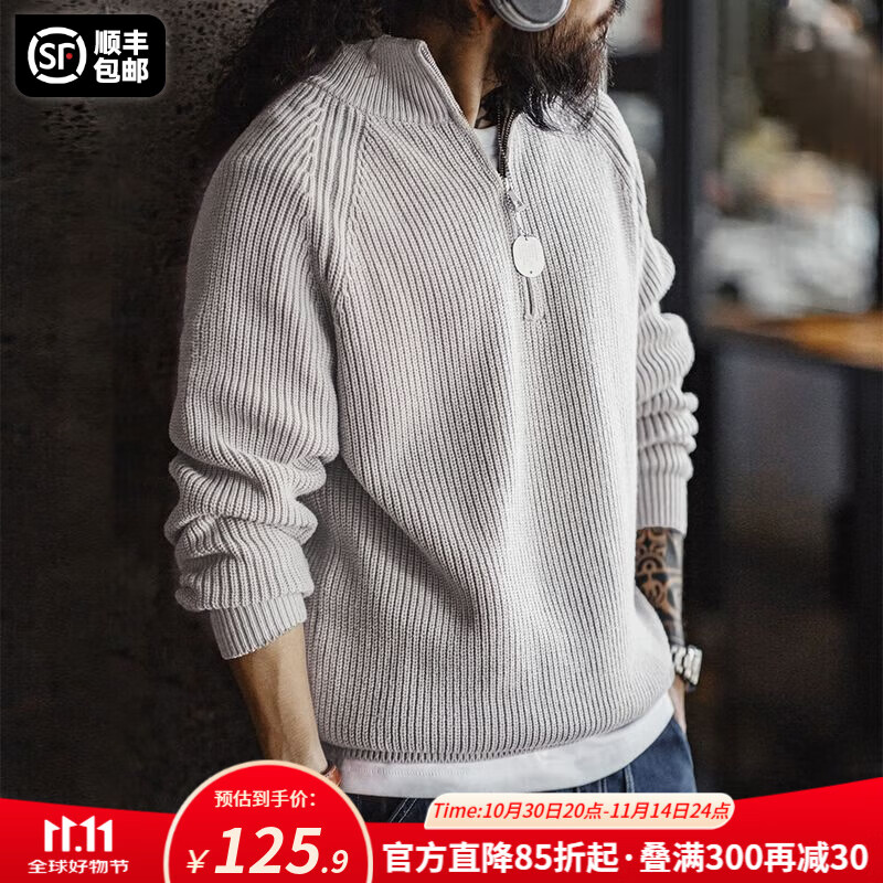 马登工装美式半拉链立领毛衣男秋季半高领竖线肌理百搭弹力男士针织衫 烟灰色 (宽松偏大) L (175)