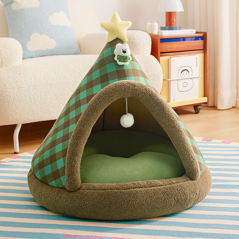 珊野狗窝加厚冬天保暖半封闭安全感帐篷小型犬睡觉的床猫窝四季通用 绿色格纹[耐脏四季通用] S:38*38*35cm(幼宠过度使用)