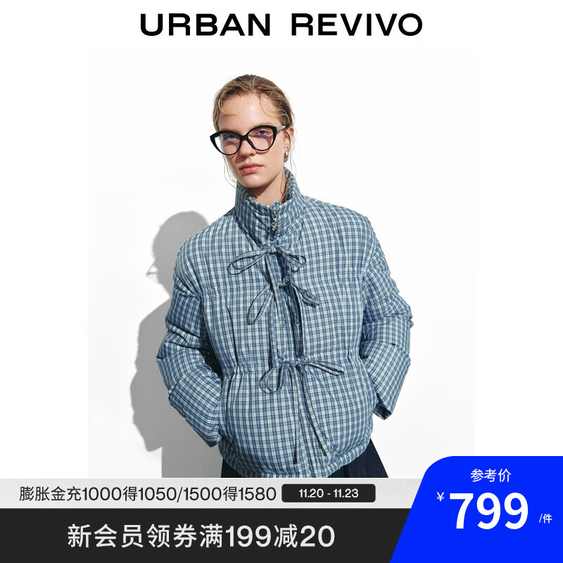 UR2025冬季新款女休闲撞色格纹立领系带宽松羽绒服UYL150079 蓝色格子 M