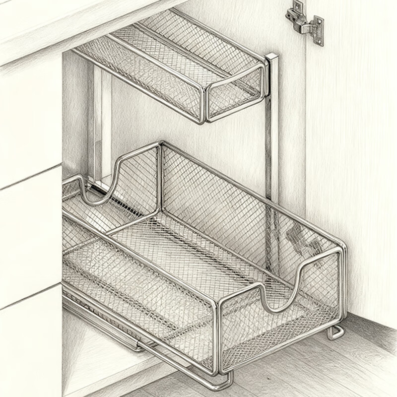 尔思家卫生间浴室水槽柜下置物架洗手台下抽拉式收纳下水道橱柜子分层架 黑色-两层【抽拉款】