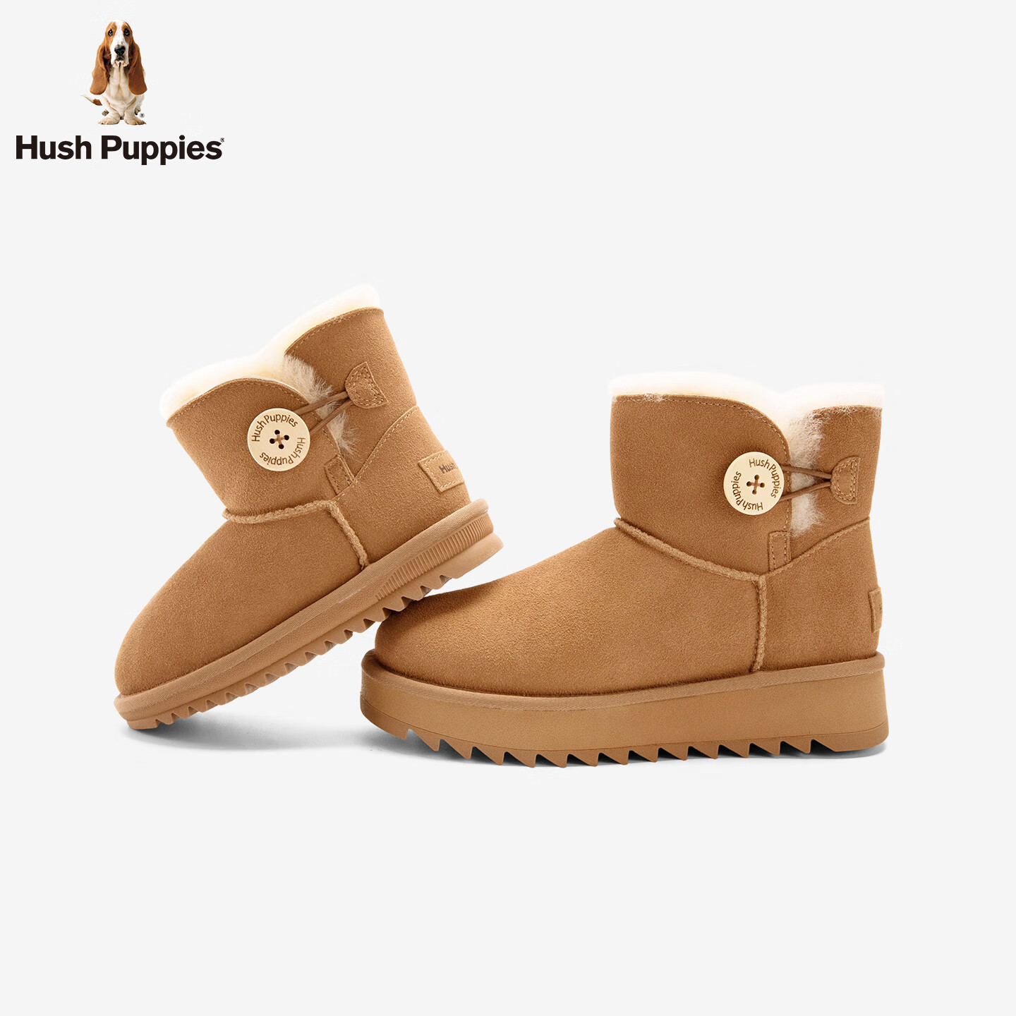 暇步士（Hush Puppies）【亲子款】2025冬季新款厚底雪地靴毛绒保暖低筒靴加绒加厚棉鞋 浅驼色（成人款） 38