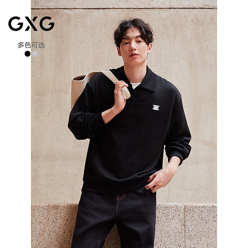 GXG男装 翻领套头卫衣双色假两件上衣长袖卫衣 黑色 175/L