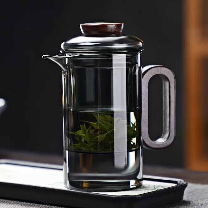 高硼硅耐热玻璃茶水分离杯鹰嘴过滤茶杯木把泡茶杯茶壶家用公道杯 烟青色